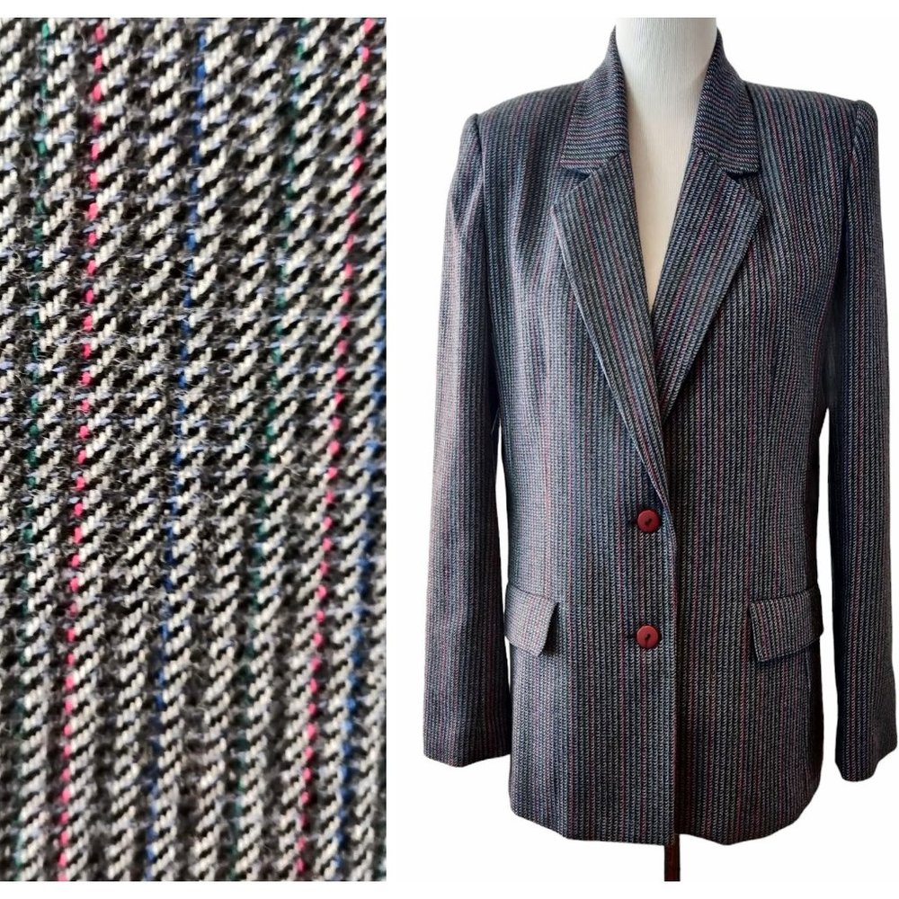Plum Tree Womens Gray Pink Blue Stripes Wool Blend 2 Button Blazer Jacket Flaw 8